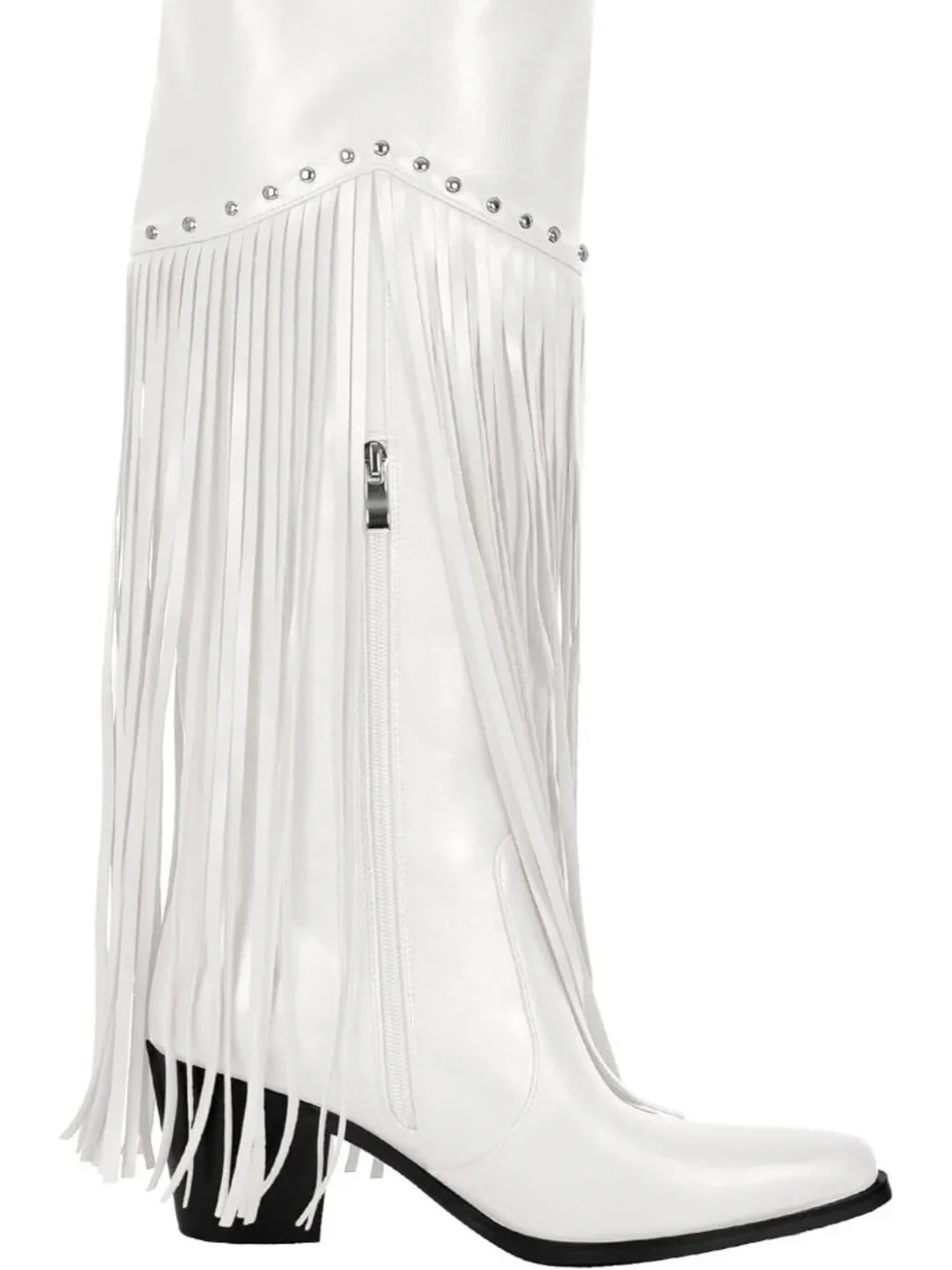 Women's White Pointed Toe Fringe Wide Calf Cowgirl Over The Knee High Boots